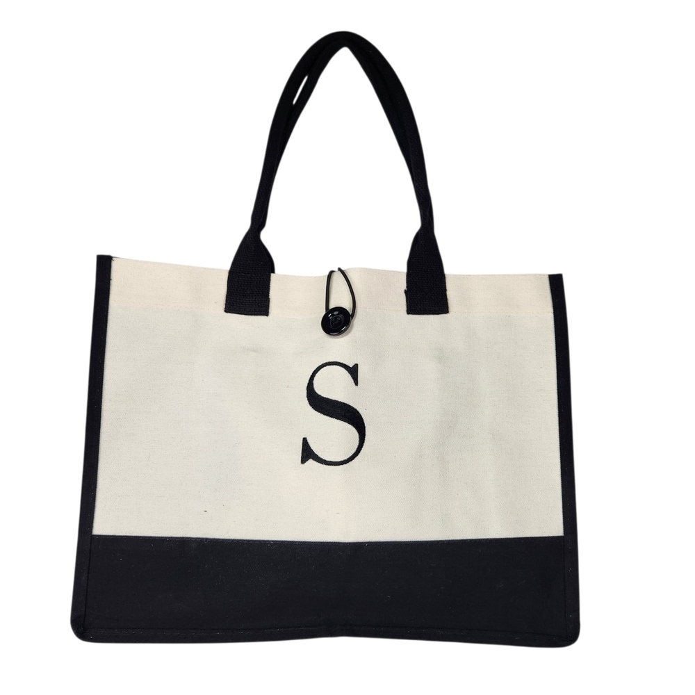 Canvas Monogram “S” Tote Bag Black Cream Cotton Large Shopper Shoulder Bag NWOT